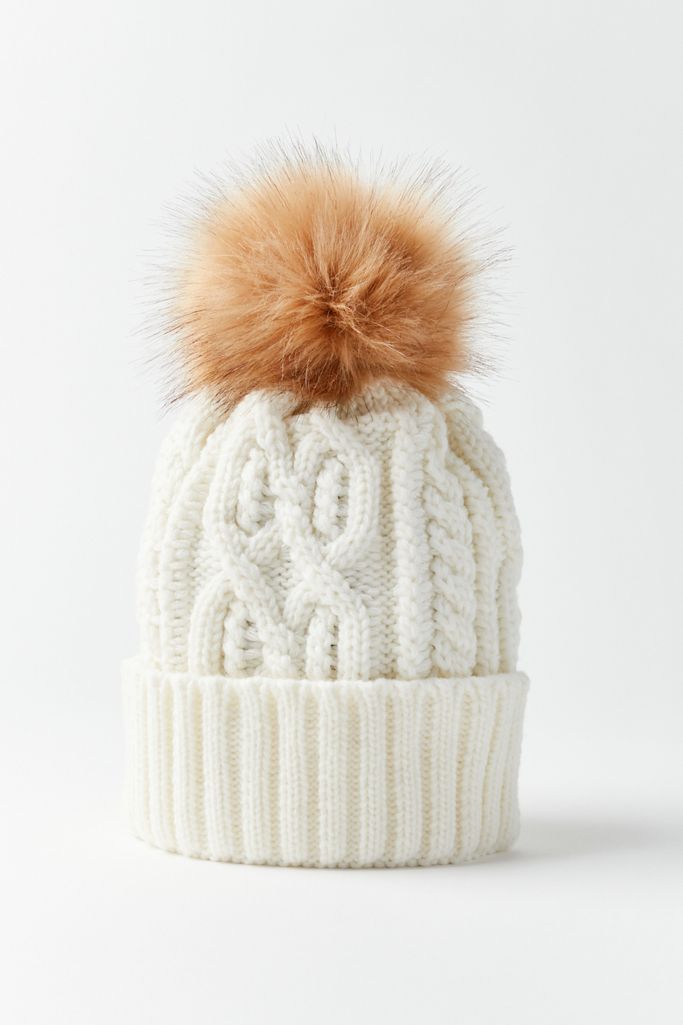 Cable Knit Fur Pom Beanie | Urban Outfitters (US and RoW)