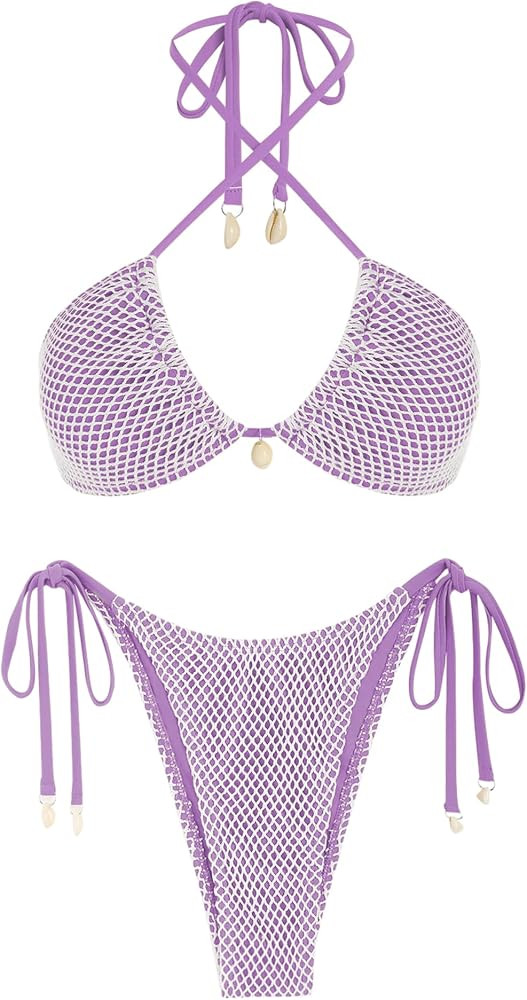 ZAFUL Women's Bikini Set Fishnet Triangle Tie Convertible Collar Halter Bandeau Shell Two Piece B... | Amazon (US)