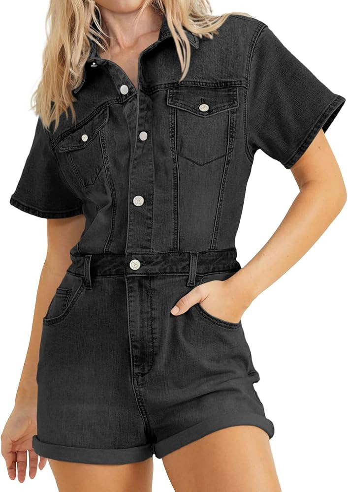 PLNOTME Womens Summer Denim Rompers Cute Vintage Short Sleeve Button Down Jeans Short Jumpsuits | Amazon (US)