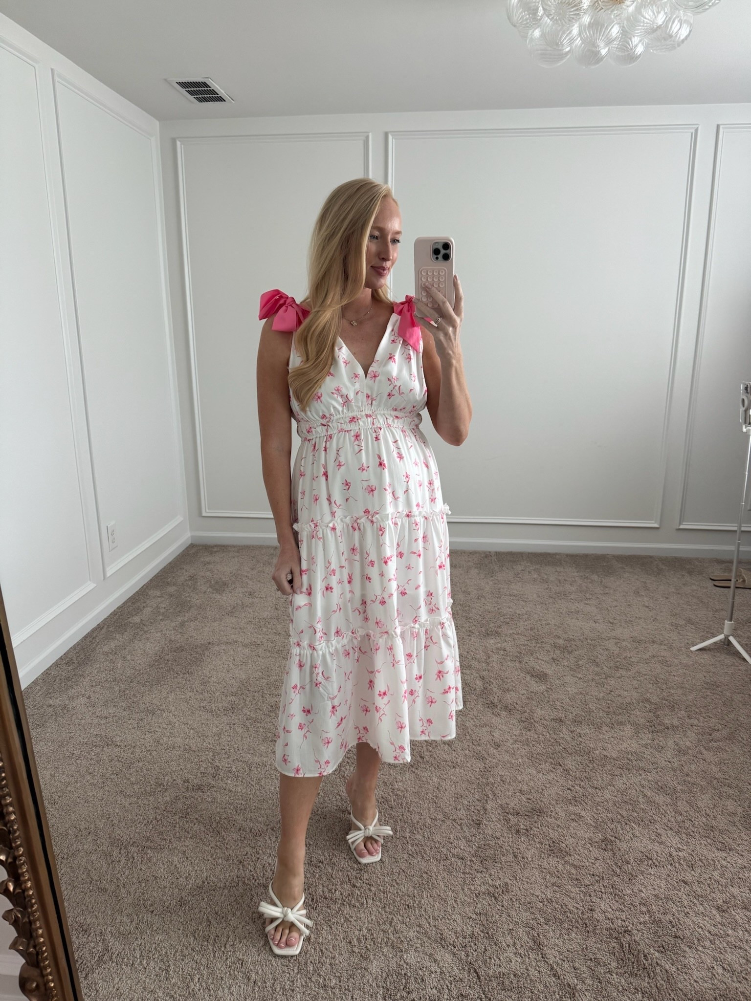 How perfect would this dress be for a baby shower or girlie brunch! Love the bow detail. Summer dresses // midi dresses // bump friendly dresses // shower dresses // brunch dresses 

#LTKSeasonal #LTKBump #LTKSummerEdit