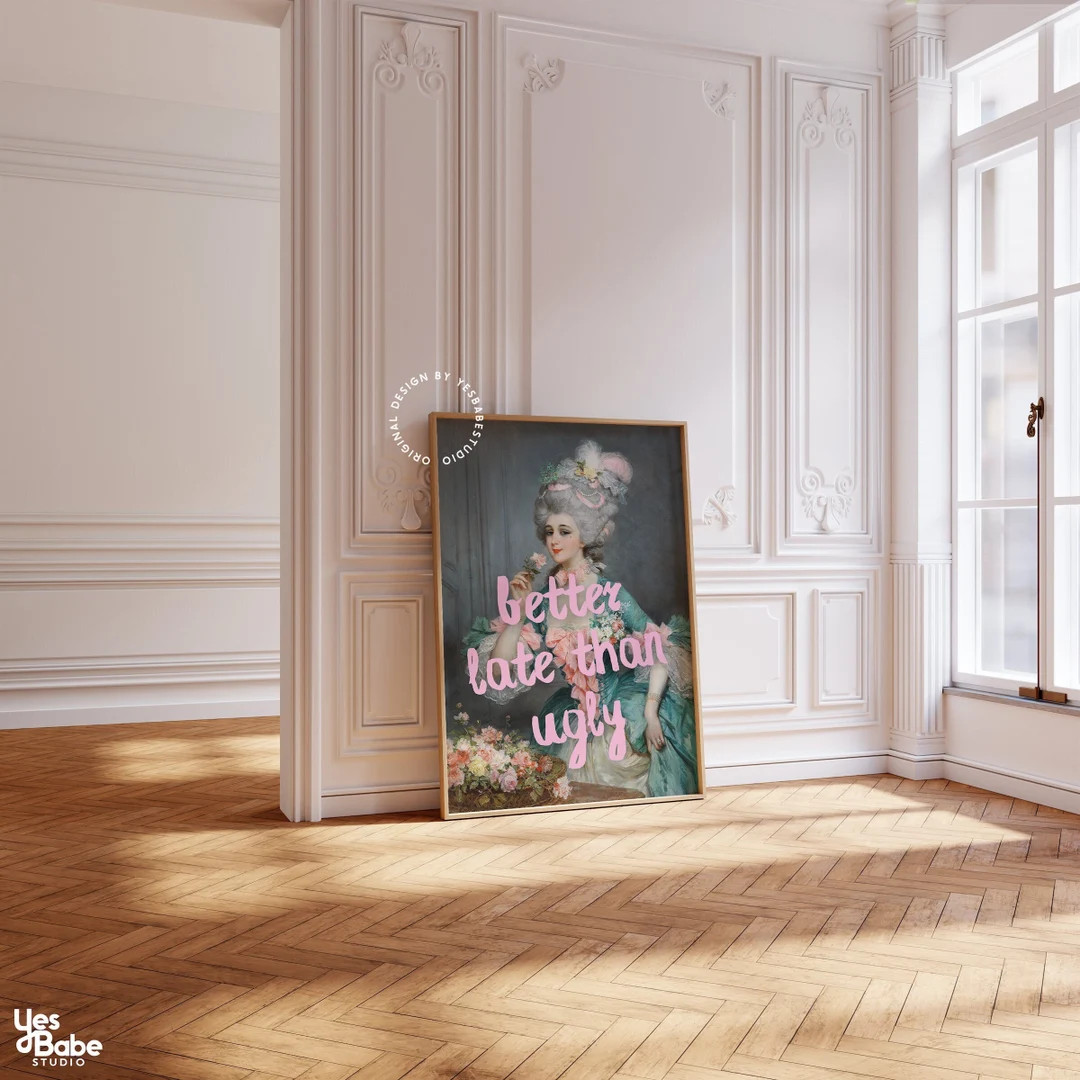 Better late than ugly, Coquette bedroom decor, Altered art print, Maximalist wall art, Rococo art... | Etsy (US)