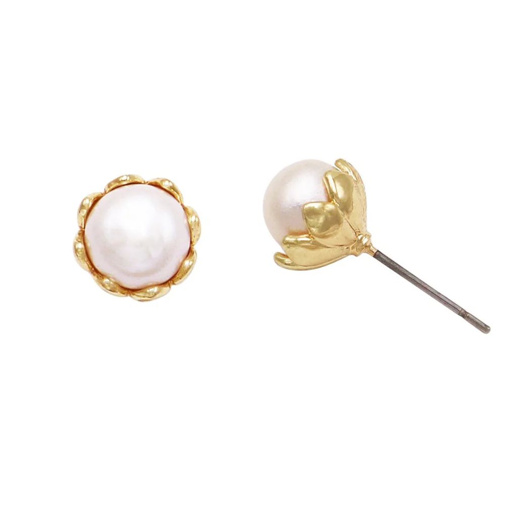 Elegant Faux Pearl Flower Stud Earrings (Gold) | Rosemarie Collections