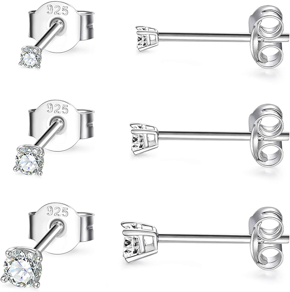 Sterling Silver Stud Earrings for Women Girls- 3 Pairs Tiny Ball Stud Earrings Round CZ Cubic Zir... | Amazon (US)