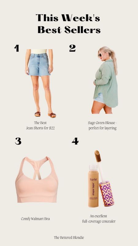 This weeks best sellers ✨
Walmart jean shorts
Pink Lily sage green top
Walmart sports bra
Shape tape concealer 

#LTKFind #LTKcurves #LTKbeauty