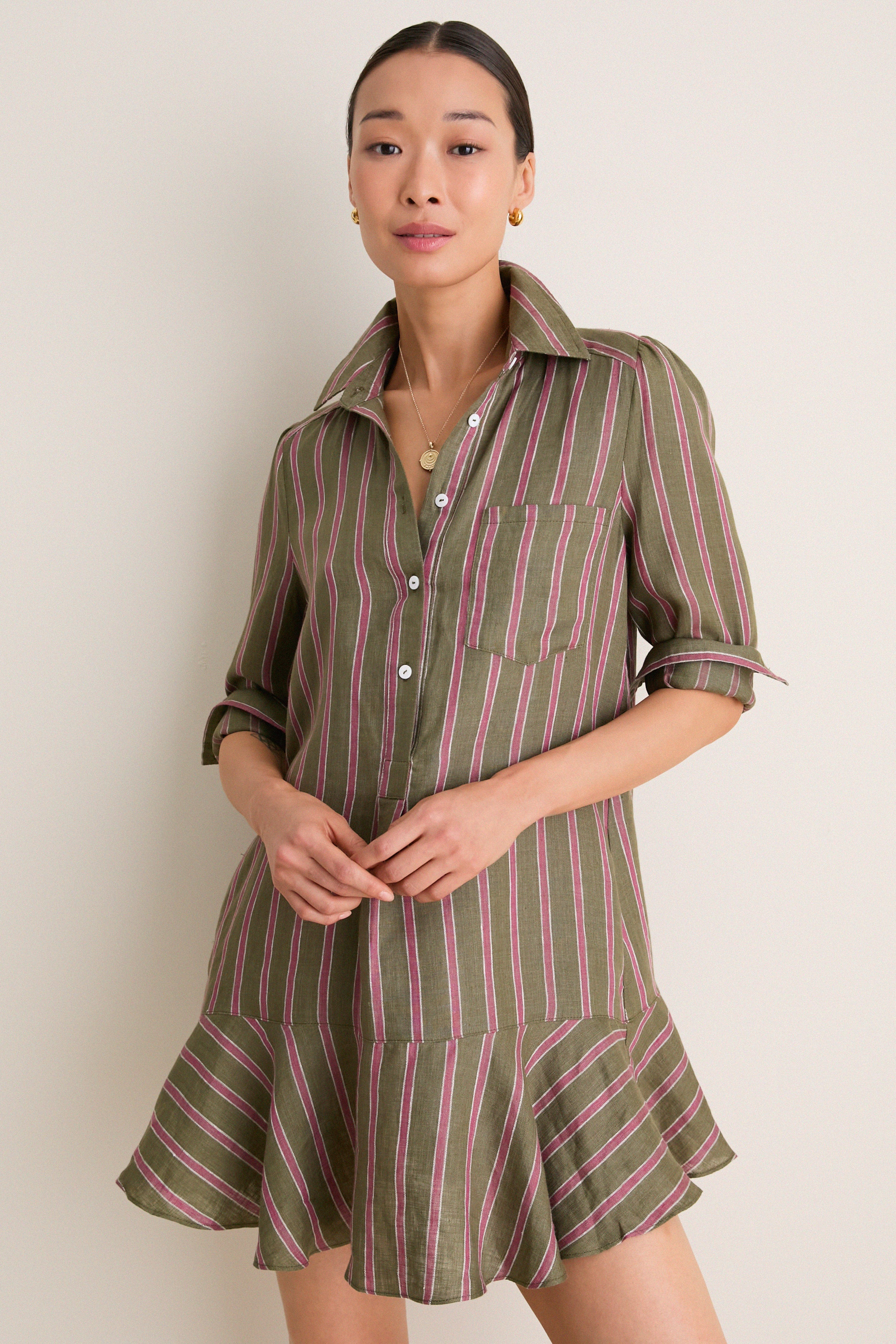 Olive and Raspberry Stripe Linen Callahan Dress | Tuckernuck (US)