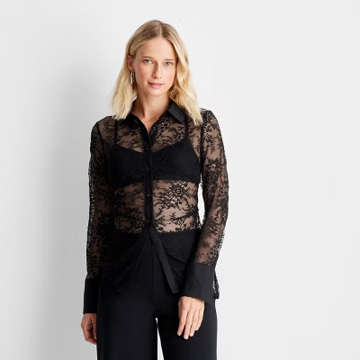 Women's Long Sleeve Collared Sheer Lace Button-Down Shirt - Future Collective Black | Target