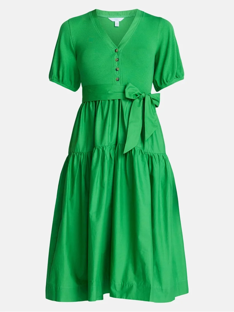 Time and Tru Women's Mixed Media Midi Dress with Puff Sleeves, Sizes XS-XXXL | Walmart (US)