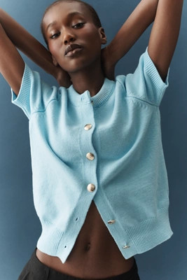 Maeve Short-Sleeve Crew-Neck Cardigan Sweater | Anthropologie (US)