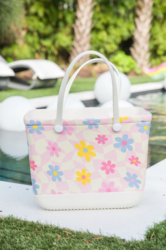 Summer Checkered Daisy Rubber Beach Tote Bag | Pink Lily