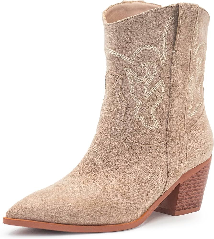 Cowgirl Boots Women Short Boots Pointed Toe and Block Heel Ankle Boots Cowboy Suede Boots with Em... | Amazon (US)