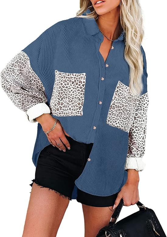SHEWIN Womens Fall Shacket Jacket Corduroy Long Sleeve Button Down Shirt Collared Tops | Amazon (US)