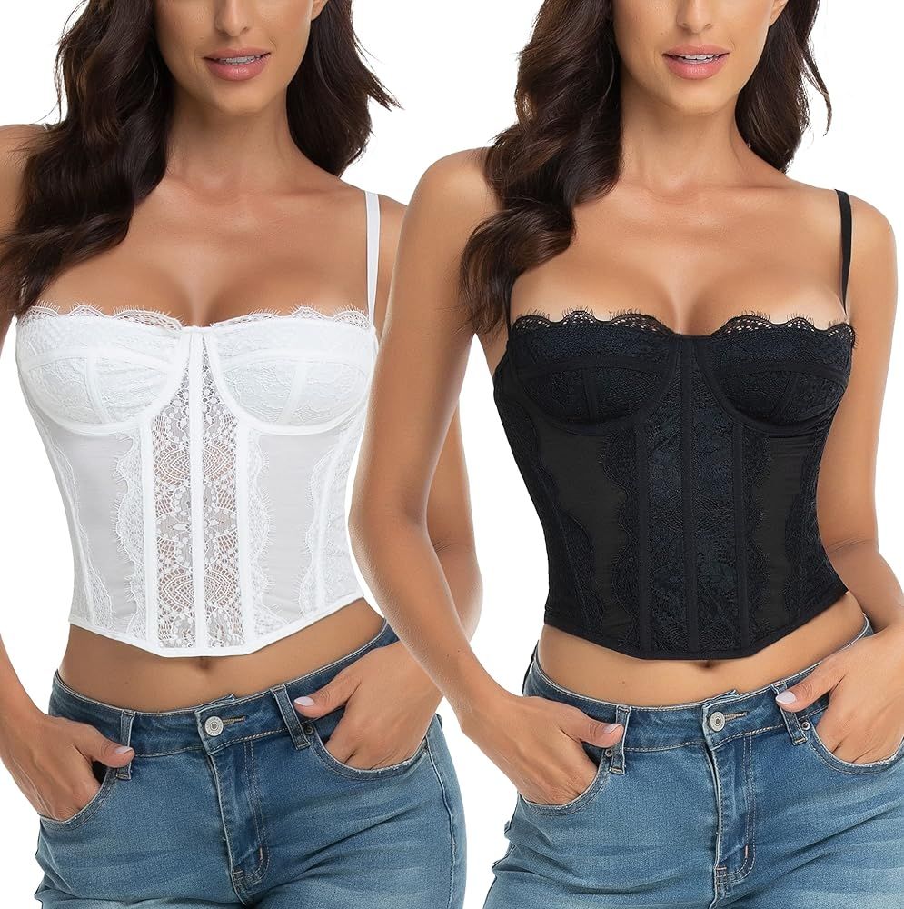 Raxnode Lace Bustier Corset Tops for Women - Sexy Going Out Party Club Top with Buckle | Amazon (US)