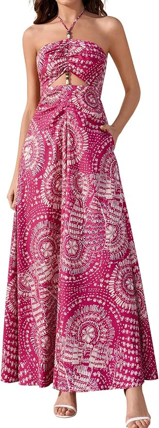 HTZMO Women Floral Maxi Sundress Beads Boho Summer Halter Tie Cut Out Beach Vacation Casual Long ... | Amazon (US)
