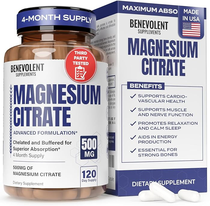 Benevolent Premium Magnesium Citrate 500mg Capsules (Citrato de Magnesio) – High Absorption Che... | Amazon (US)