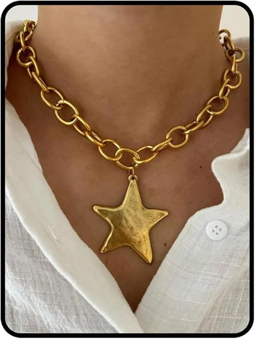 Star Necklace For Women, 14k Gold Pendant Heart Chunky Statement Y2k Big Silver Vintage Link Thic... | Amazon (US)