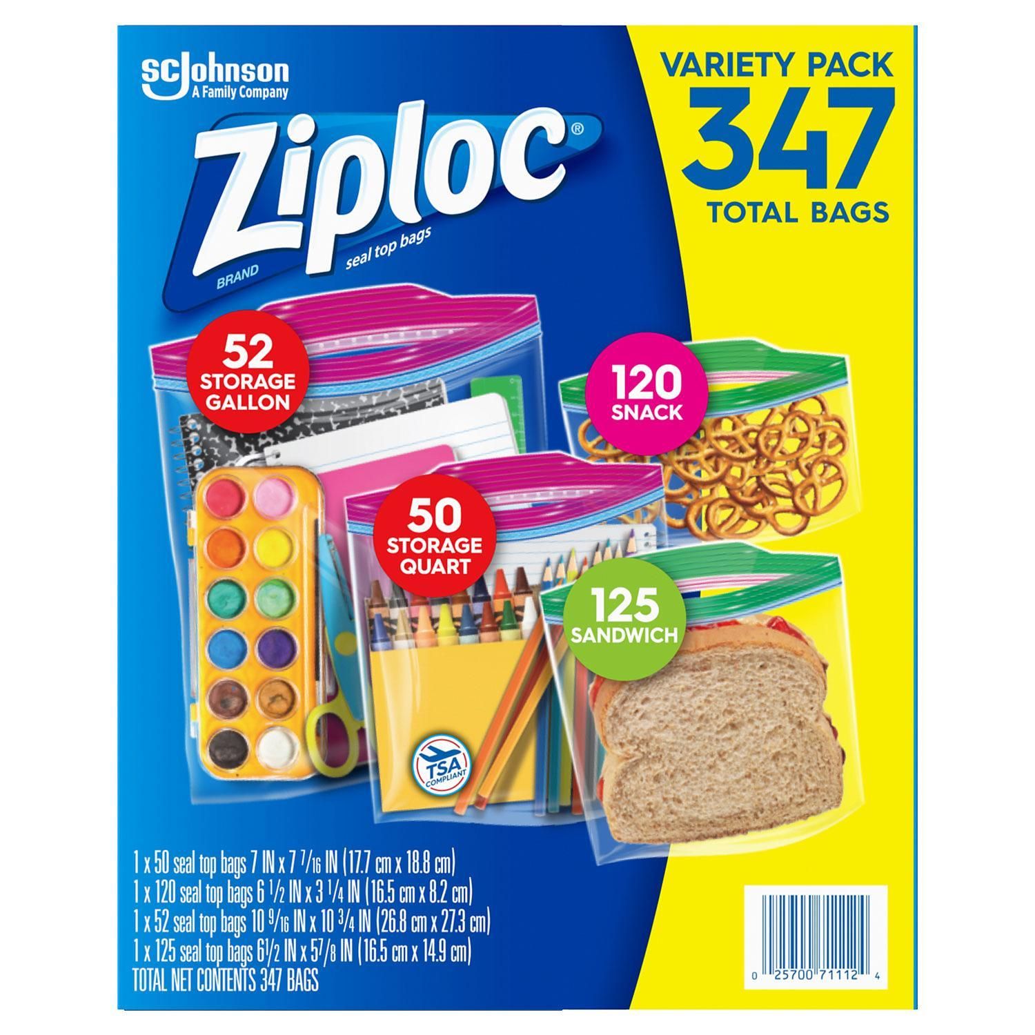 Ziploc Bags 52 Gallon, 50 Quart, 120 Snack, 125 Sandwich (347 ct.) - Walmart.com | Walmart (US)