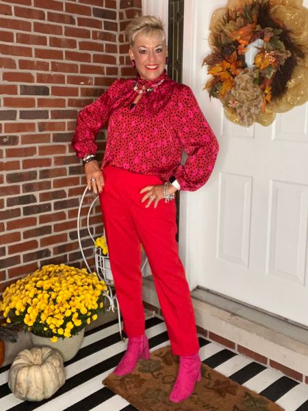 Red and Pink Leopard Blouse
Red Pants
Hot Pink Boots