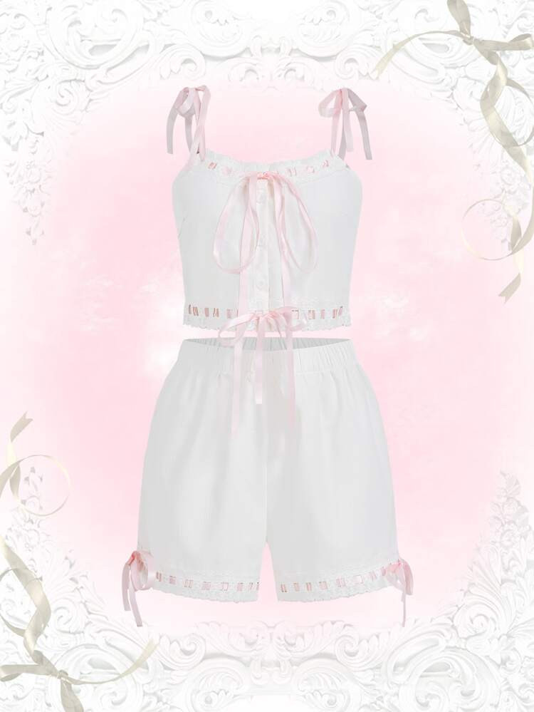 ROMWE Sweetness Eenkleurig Dames lounge sets Contrast kant Geknoopt Knoop Vooraan Voorpand met Kn... | SHEIN