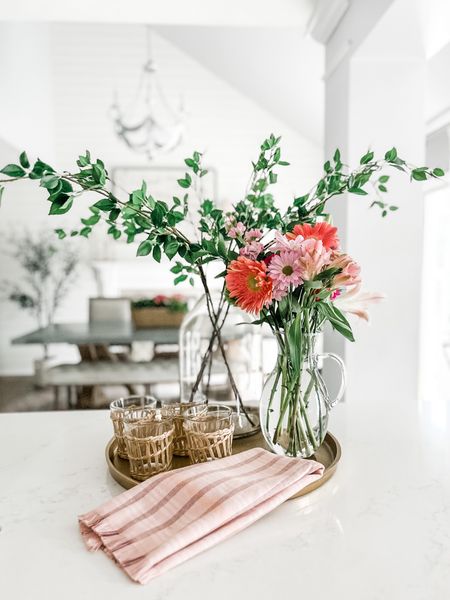 Love these faux stems from Amazon to brighten up the kitchen island!
Artificial branch, Faux greenery, artificial stems, artificial greenery, cane drinking glasses, rattan wrapped glassware, Spring hand towel, round tray, gold tray, clear vase, glass tall pitcher with handle, Spring decor. Faux florals. Faux green stems. Faux green branches. Kitchen counter decor. #kitchen #kitchendecor #springdecor 
Target. 

#LTKstyletip #LTKFind #LTKhome
