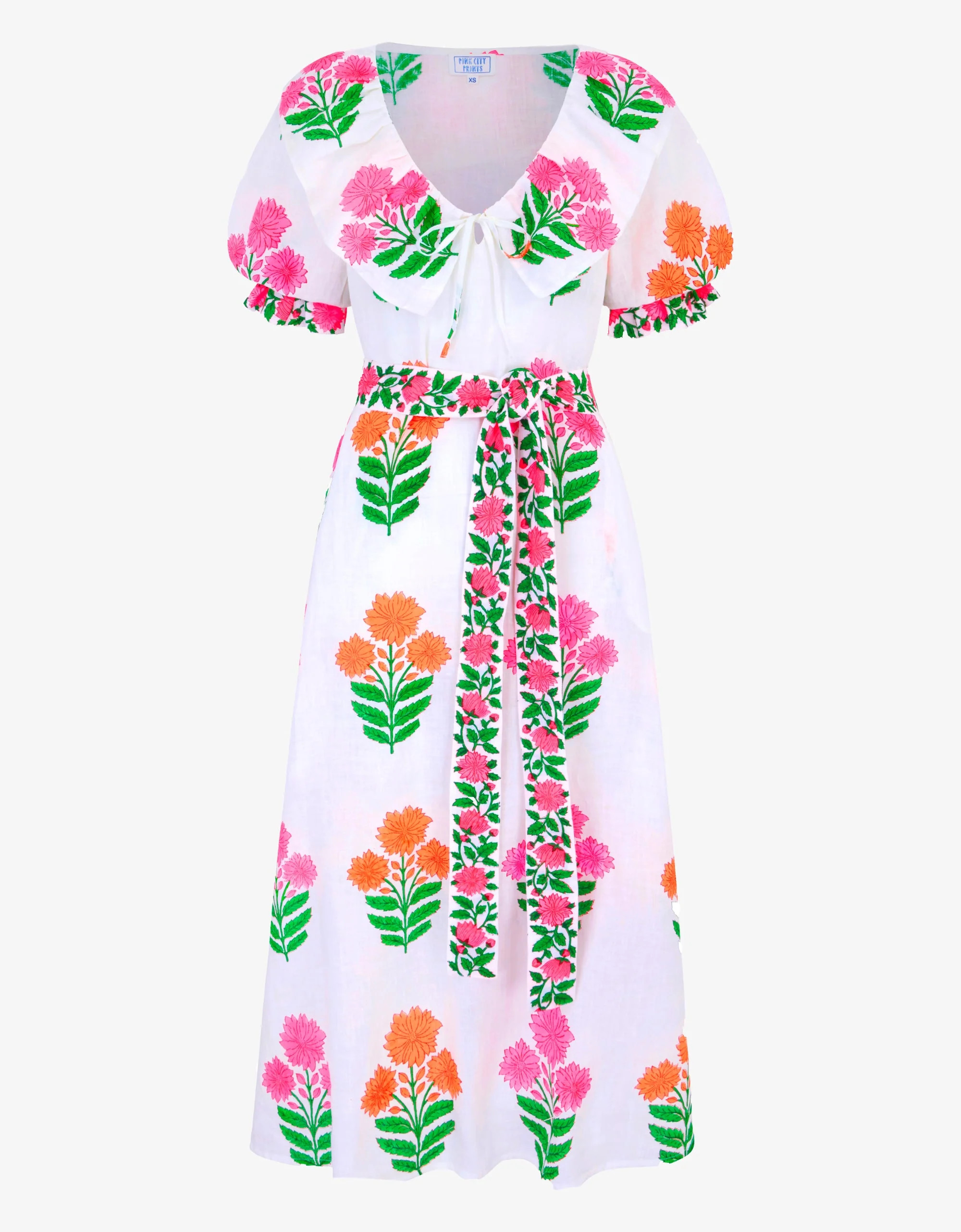 Ava Dress | Neon Pink & Orange Floral Midi | Block Print Linen | Pink City Prints UK