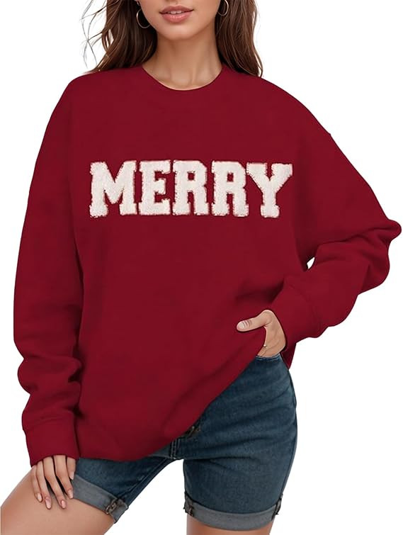 Gihuo Christmas Sweatshirts for Women Glitter Patch Merry Letter Shirts Chenille Oversized Pullov... | Amazon (US)