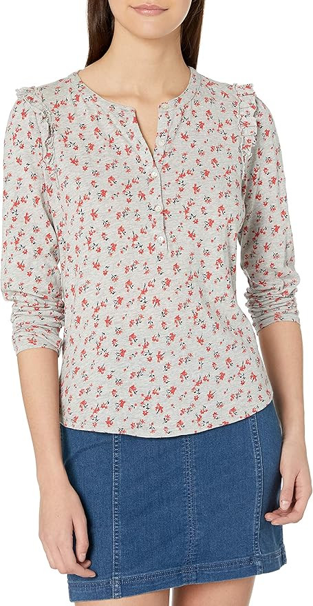 Lucky Brand Women's Long Sleeve Floral Print Ruffle Henley Shirt | Amazon (US)