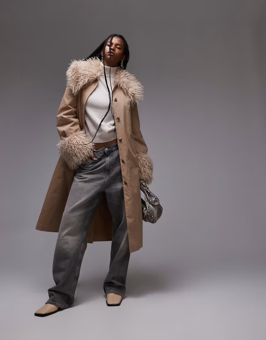 & Other Stories belted midi coat in dark beige with detachable faux fur collar and cuffs-Neutral | ASOS (Global)