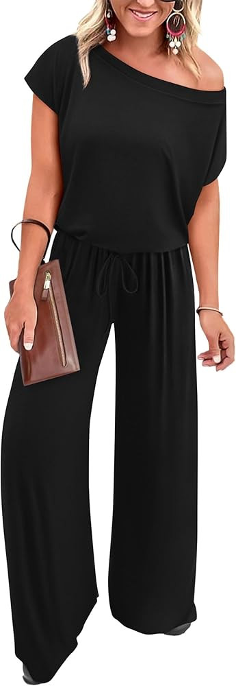KIRUNDO Womens Jumpsuit 2024 Casual Summer Loose One Piece Off Shoulder Elastic Waist Wide Leg Lo... | Amazon (US)