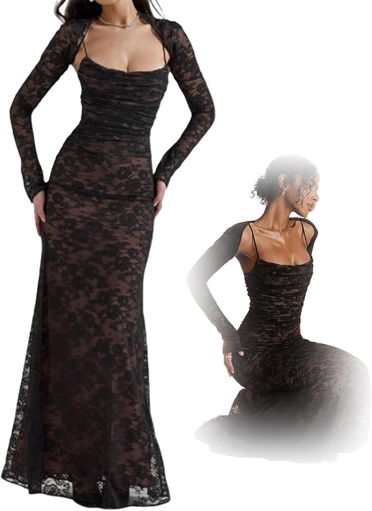 Shawl Drawstring Lace Maxi Dress, Corset Capelet Floral Mesh Evening Dress, Lace Shawl Suspender ... | Amazon (US)