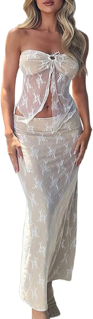Women 2 Piece Skirt Sets Y2k See Through Strapless Tube Top Lace Mesh Bodycon Maxi Skirt Going Ou... | Amazon (CA)