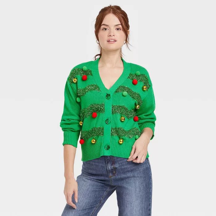 Women's Ugly Christmas Graphic Cardigan - Green | Target