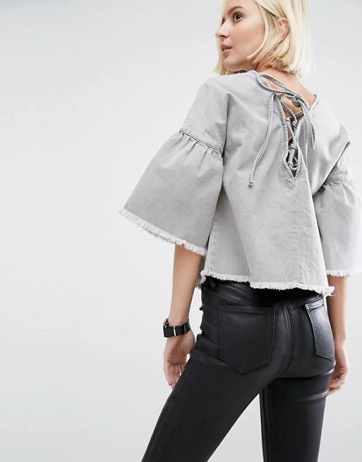 ASOS Denim Top with Fluted Sleeves and Tie Back in Gray | ASOS US
