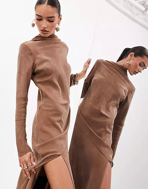 ASOS EDITION long sleeve high neck maxi dress in brown | ASOS (Global)
