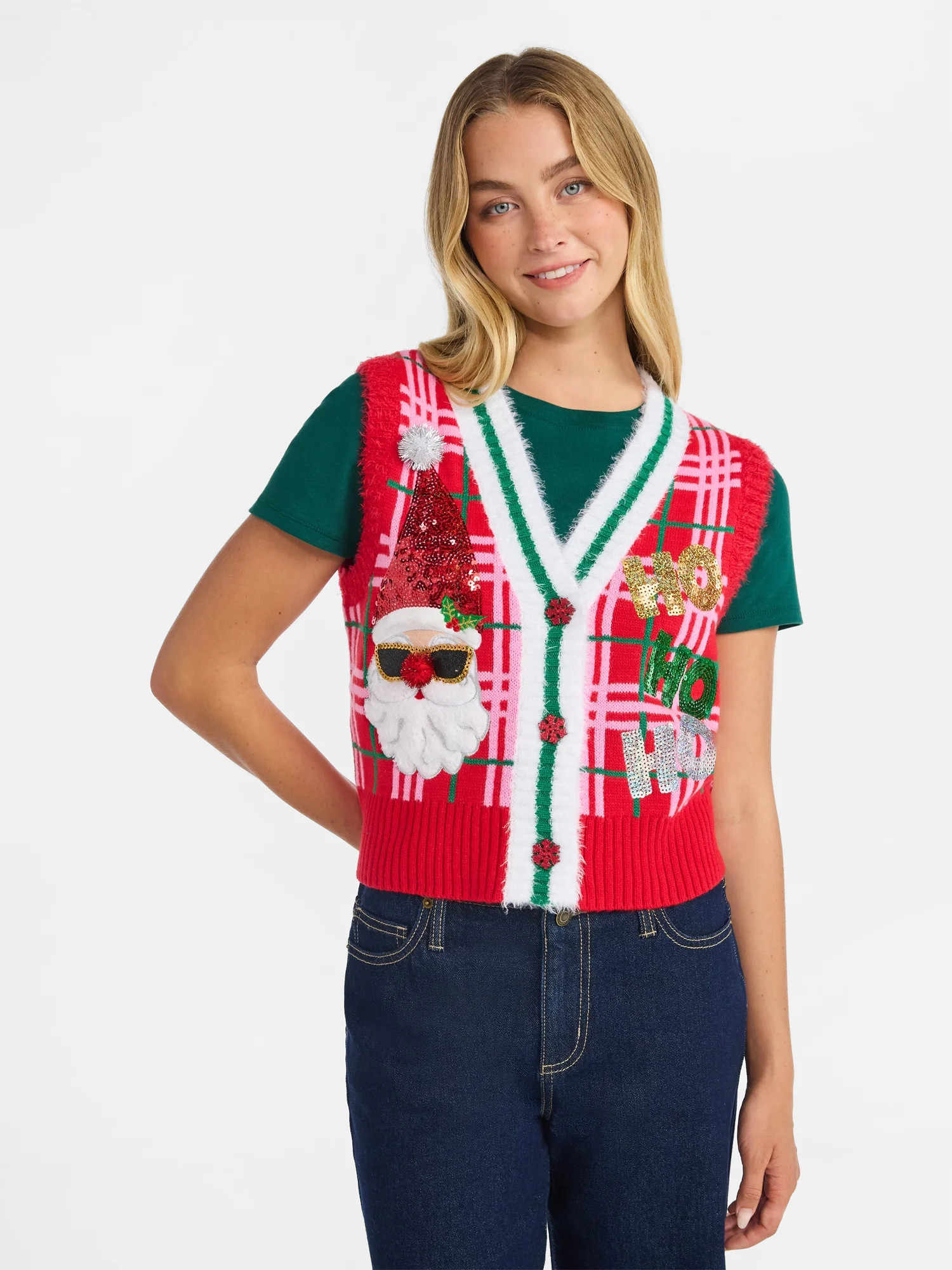 No Boundaries V-Neck Button Front Christmas Vest, Women’s | Walmart (US)