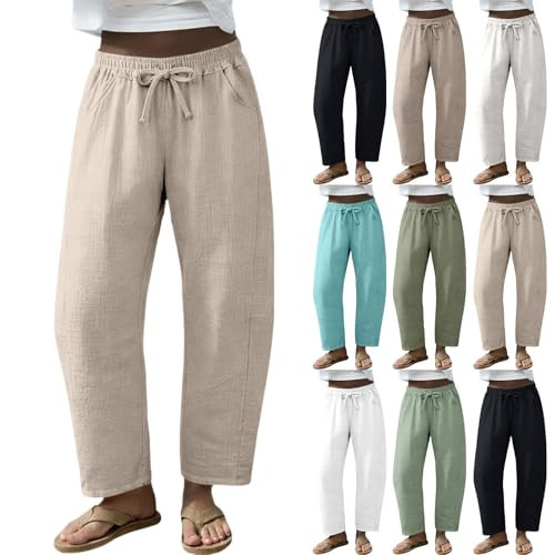 Womens Linen Barrel Pants Wide Leg Baggy Comfy Elastic Waist Lounge Palazzo Barrel Leg Sweatpants Summer Boho Lightweight Casual Trousers Beige | Amazon (US)