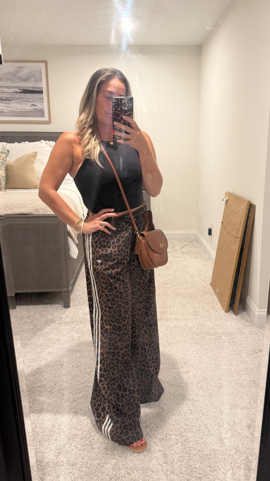 Fall outfit, leopard pants, sporty look, athletic pants, adidas leopard pants, wide leg leopard pants.  

#LTKActive #LTKOver40