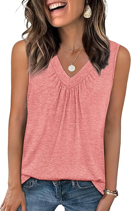 OFEEFAN Tank Top for Women Loose Fit Sleeveless Shirts V Neck Summer Clothes Ruched Women's Tees ... | Amazon (US)