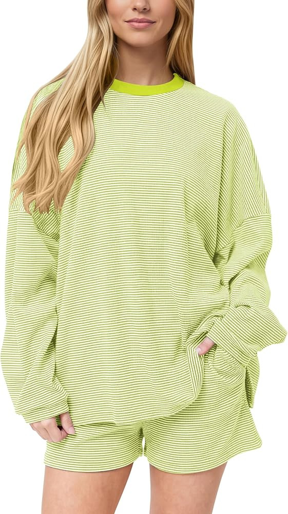 MISSACTIVER Women's Striped Lounge Set Long Sleeve Tee Shirts Drawstring Wide Leg Shorts Matching... | Amazon (US)