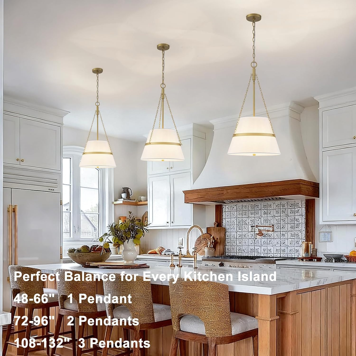 15.35" Gold Drum Chandelier, White Linen Pendant Light for Kitchen Island | Modern Transitional, ... | Amazon (US)