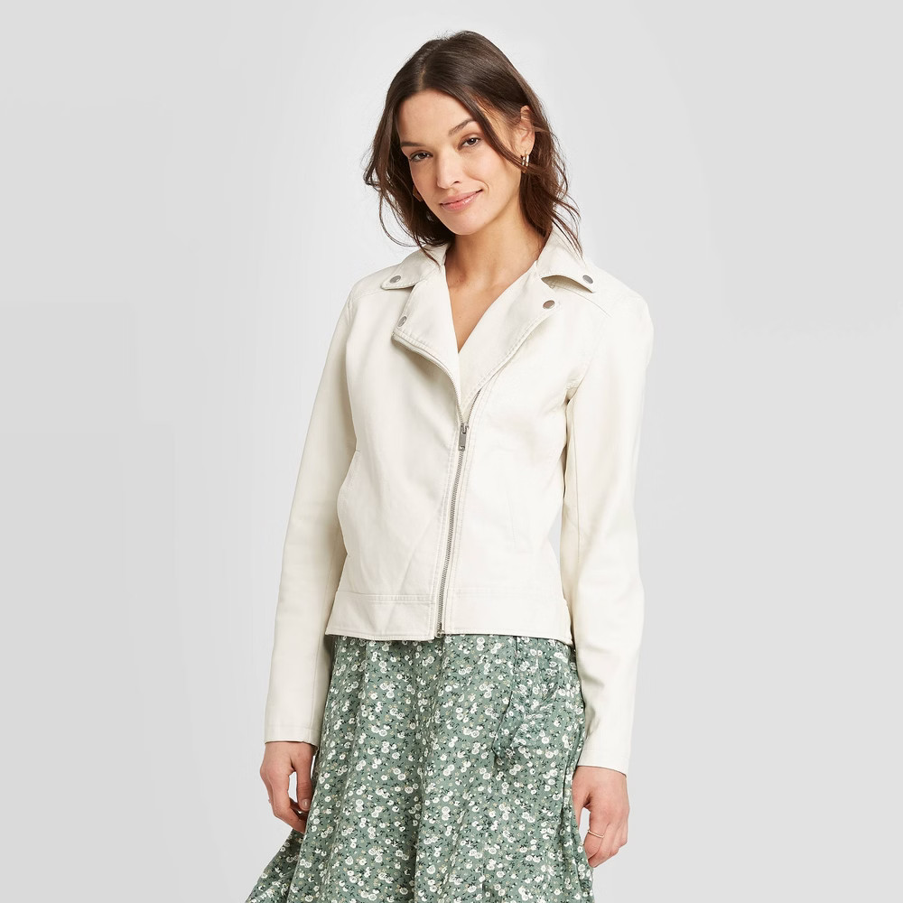 Women's Faux Leather Moto Jacket - Universal Thread Cream S, Ivory | Target