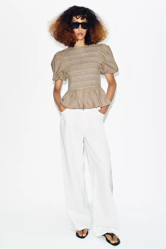 EMBROIDERED SMOCKED BALLOON TOP | Zara US