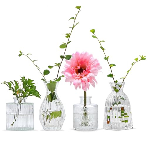 Mapoxy Glass Bud Vases Set of 4,Small Flower Vases for Wedding Centerpiece Table Decorations,Clear Vintage Embossed Mini Vases,Flower Arrangements in Vases for Party or Home Decor | Amazon (US)