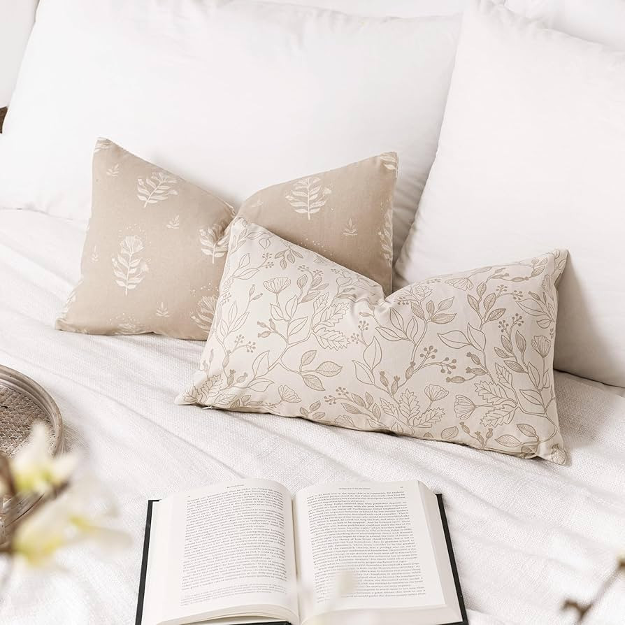 Farmhouse Decorative Lumbar Throw Pillow Covers 12X20 Set of 2, Floral Neutral Beige Cotton Accen... | Amazon (US)