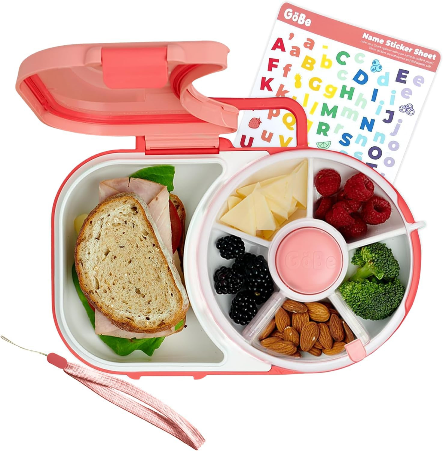 GoBe Kids Lunchbox with Detachable Snack Spinner, Bundle with Hand Strap & Sticker Sheet, Reusable Bento Style Lunch Container, 5 Small +1 Large Sandwich Compartment, BPA & PVC Free, coral pink | Amazon (US)