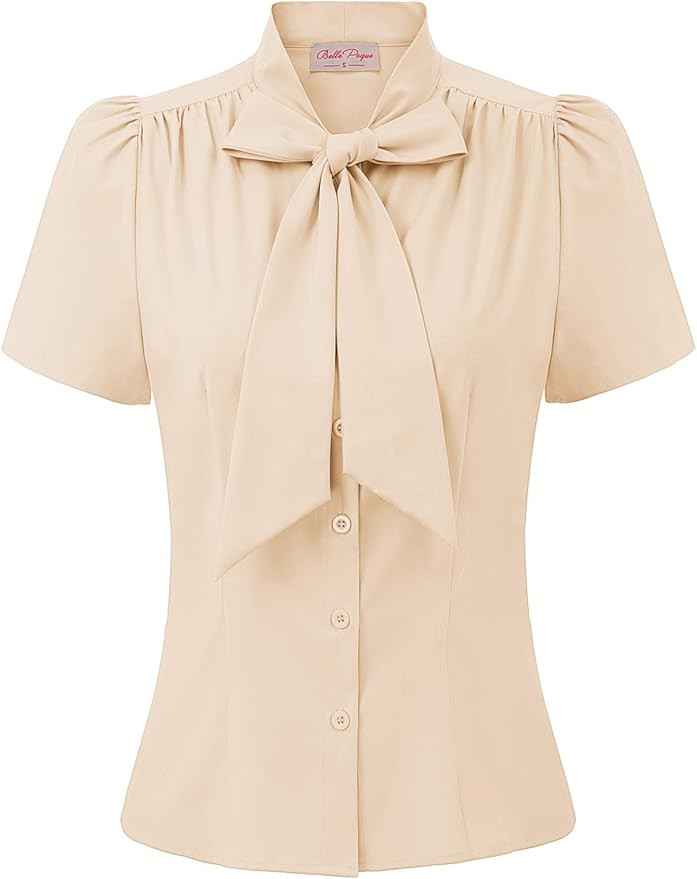 Belle Poque Summer Short Sleeve Office Button Down Blouse Stripe Shirt Tops with Bow Tie BP573 | Amazon (US)