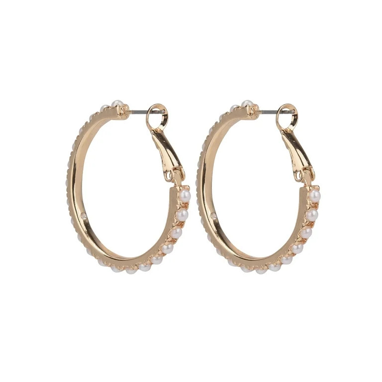 Time and Tru Women's Gold Faux Pearl Bead Hoop Earring - Walmart.com | Walmart (US)