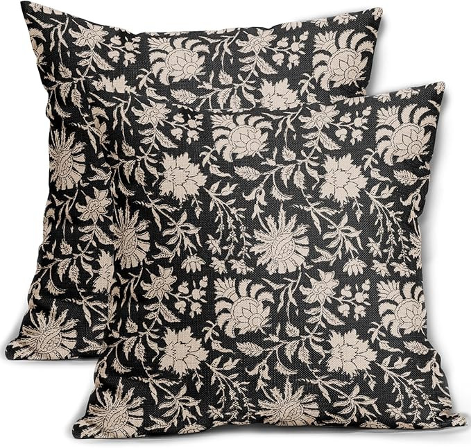 Black Floral Pillow Covers 18x18 Set of 2 Brown Cream Vintage Flower Block Print Pattern Decorati... | Amazon (US)