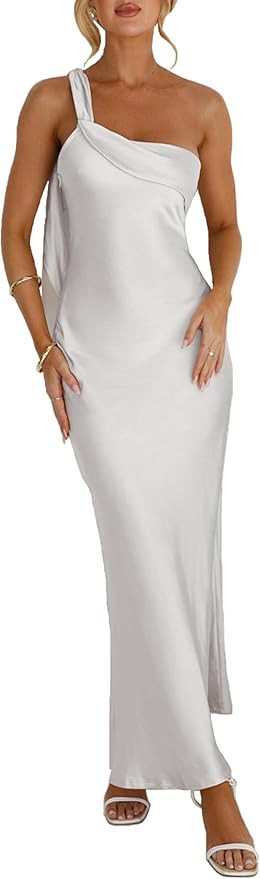 2026 Satin One Shoulder Maxi Dress for Women Summer Silk Formal Elegant Backless Ruffle Sleeveles... | Amazon (US)