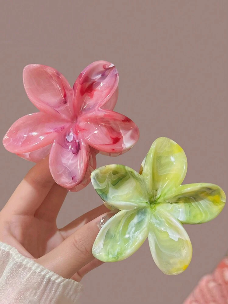 2pcs Oversized 8cm/3.15" Floral Design Plastic Hair Clips For Women, Pink & Green, Lightweight, F... | SHEIN