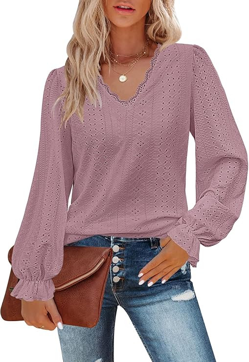 Kikula Women's Long Sleeve T Shirt Eyelet Dressy Casual V Neck Tops Blouse | Amazon (US)